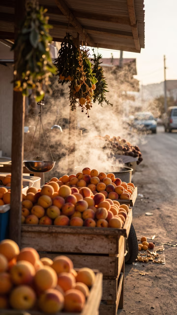 Apricots at Sunset in Konya Market Stall in at a roadside fruit stand in Konya