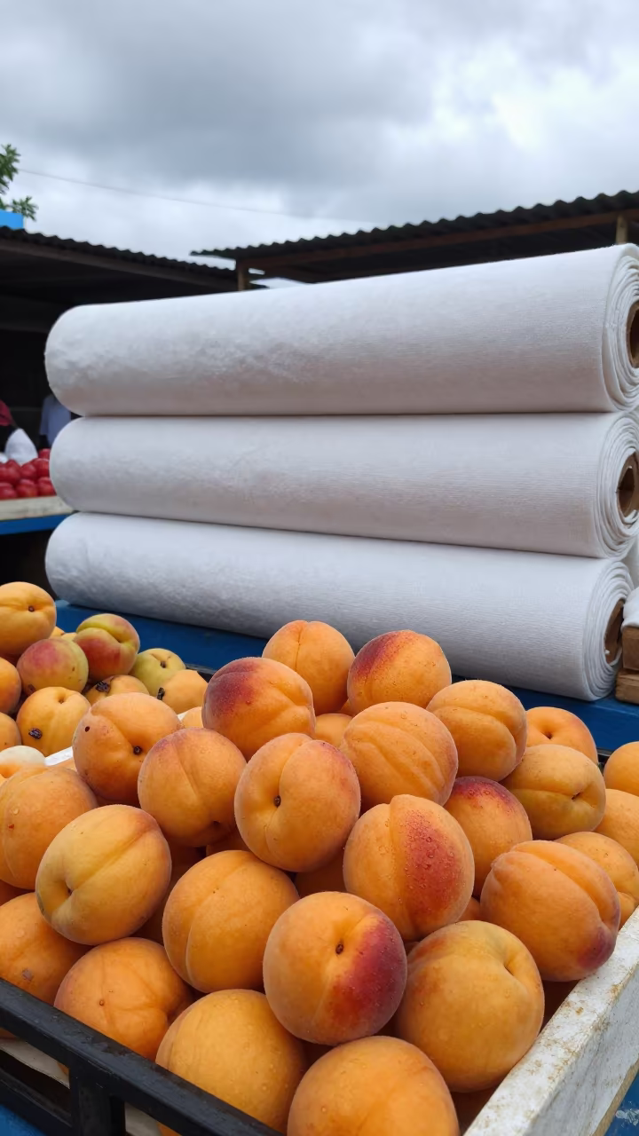 Apricots on Textile Stall in Gulou Beijing in at a textile trader's stall in Gulou, Beijing