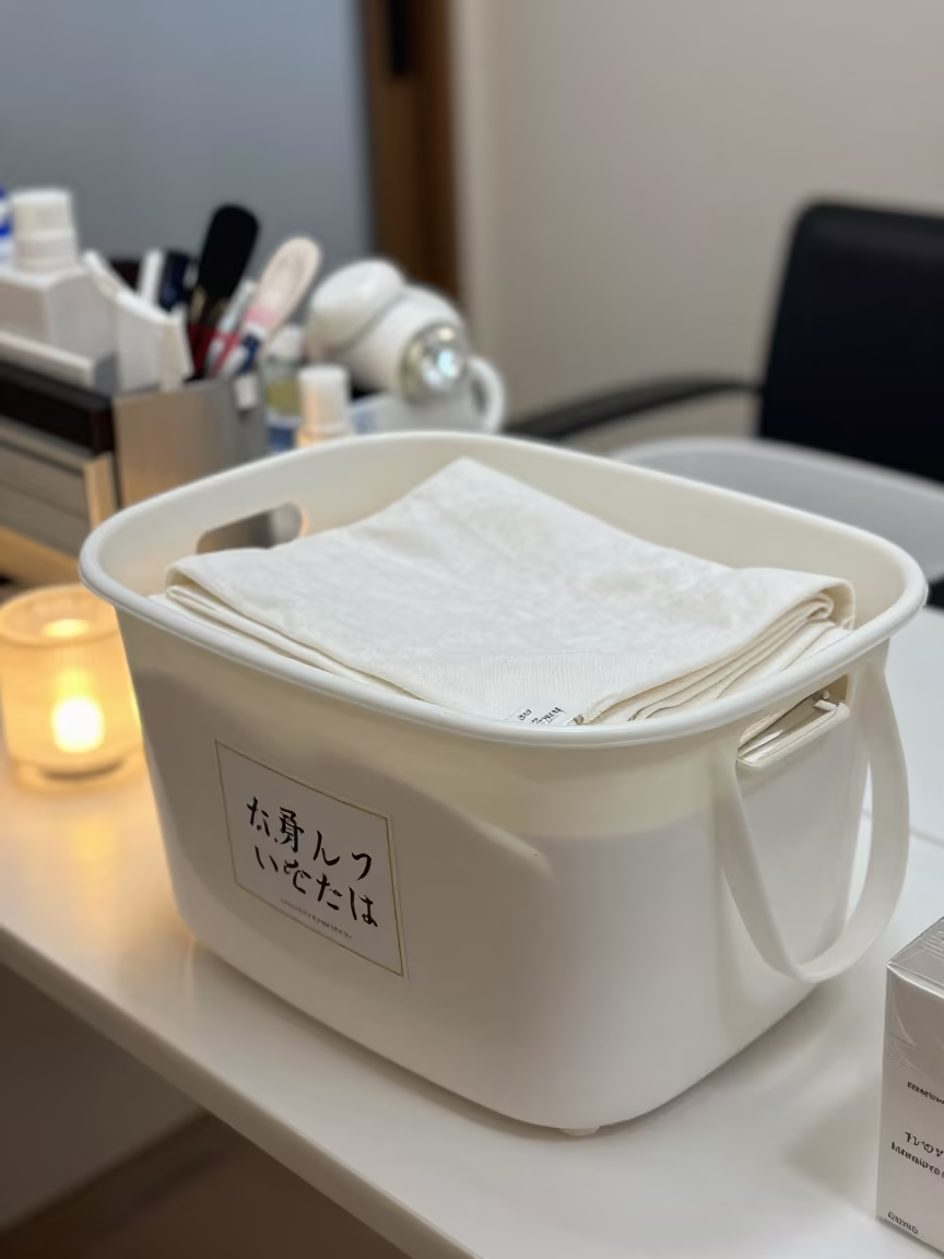 Apron Laundry Bin in Fukuoka Nail Studio in inside a nail studio near Fukuoka