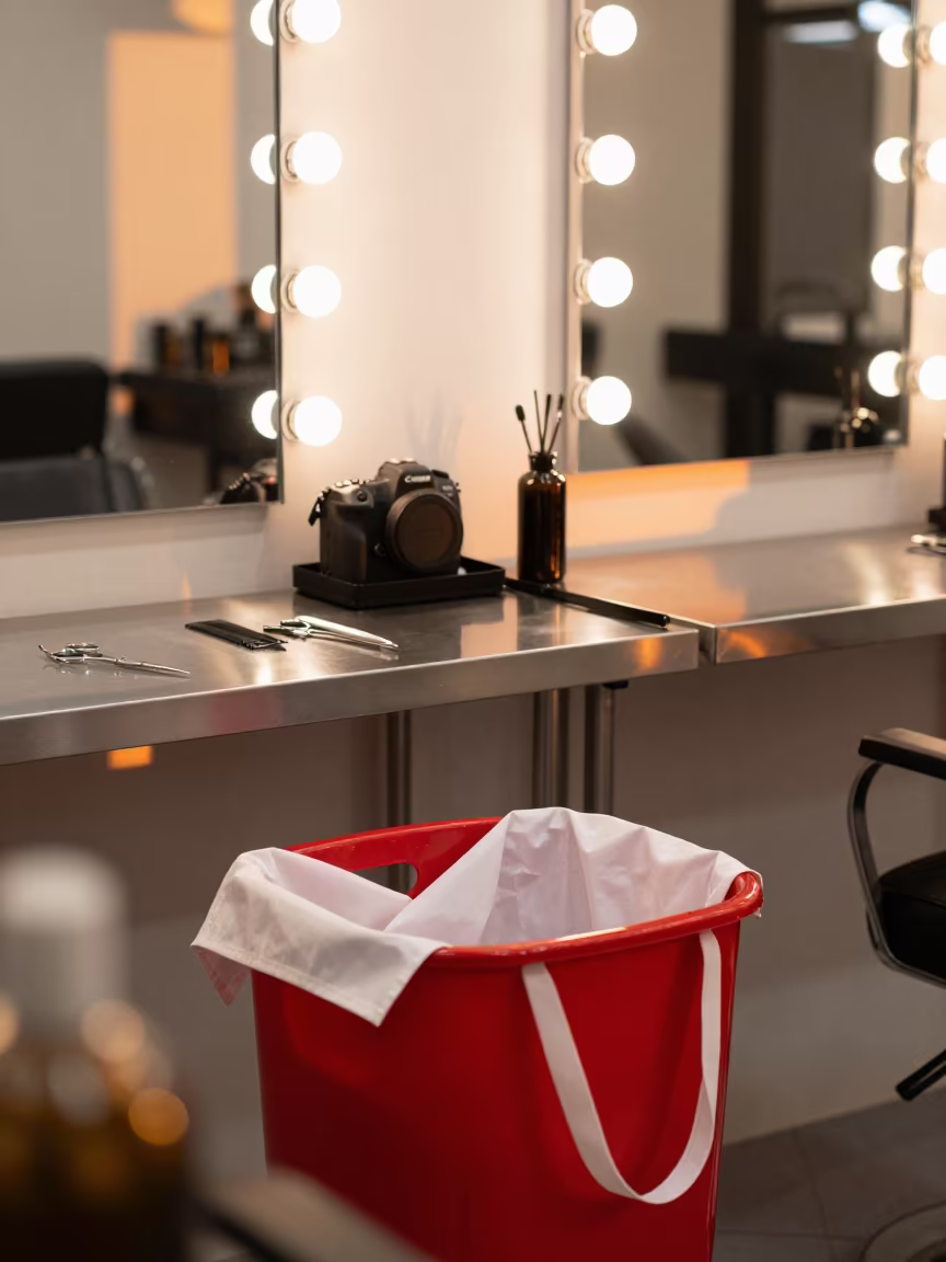 Apron Laundry Bin at Quezon City Barber Station in at a barber station beneath mirror bulbs near Quezon City