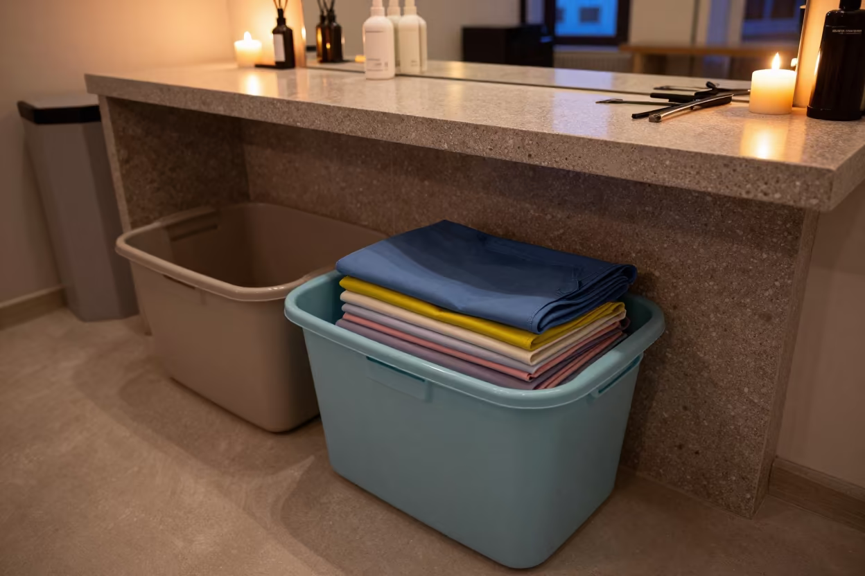 Apron Laundry Bin in Twilight Salon Krakow in inside a nail studio in Podgorze, Krakow