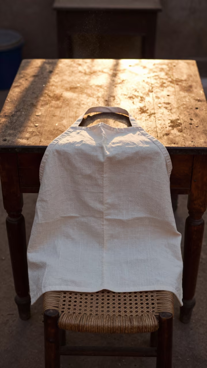 Apron on Woven Stool in Karachi Library at Dusk in on a dusty library table in Karachi