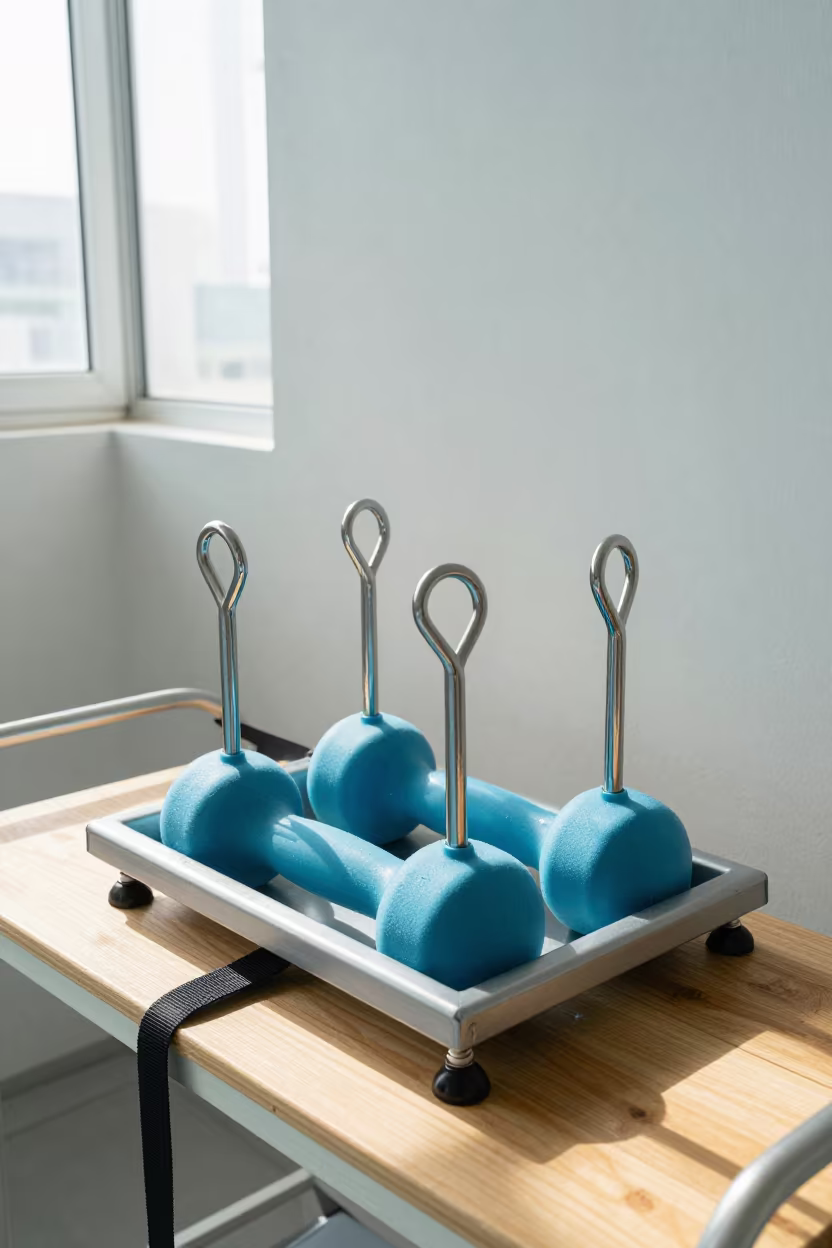 Aqua Dumbbell Drain Cart on Wooden Workbench in on a wooden workbench in Kuwait City