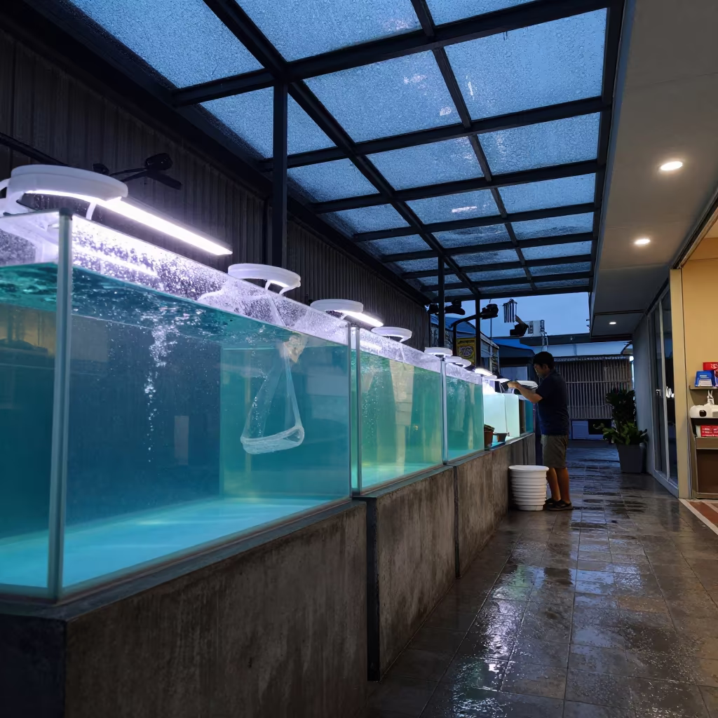 Aquarium Bucket Station Under Sodium Dusk in inside a skylit passageway in Johor Bahru