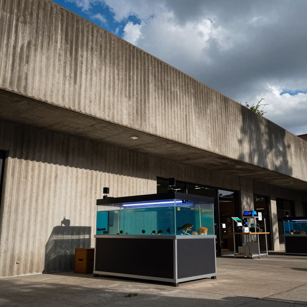 Aquarium Bucket Station in Yola Lobby in inside a ribbed concrete lobby in Yola