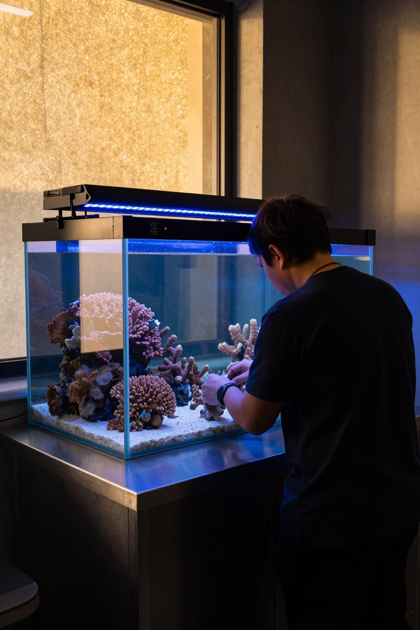 Aquarium Frag Tank Service Under Golden Window Light in inside a marine aquarium service room near San Francisco