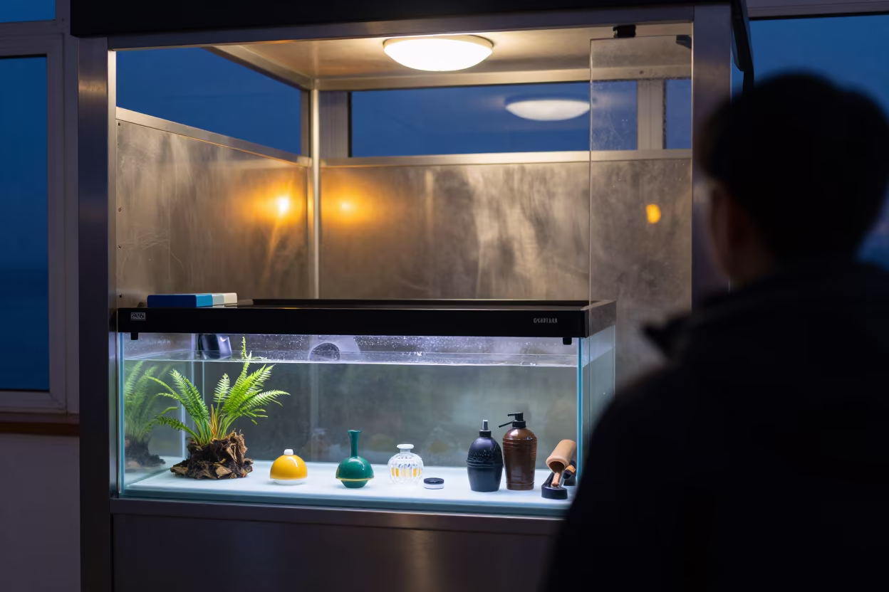 Aquarium Shelf at Dog Wash Station Twilight in at a self-serve dog wash station in Qingdao