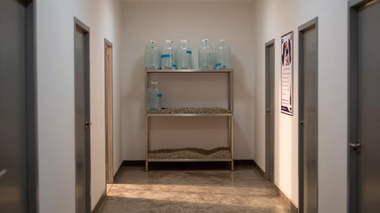 Aquarium Shelf and Poster in N'Djamena Kennel in in a boarding kennel corridor in N'Djamena
