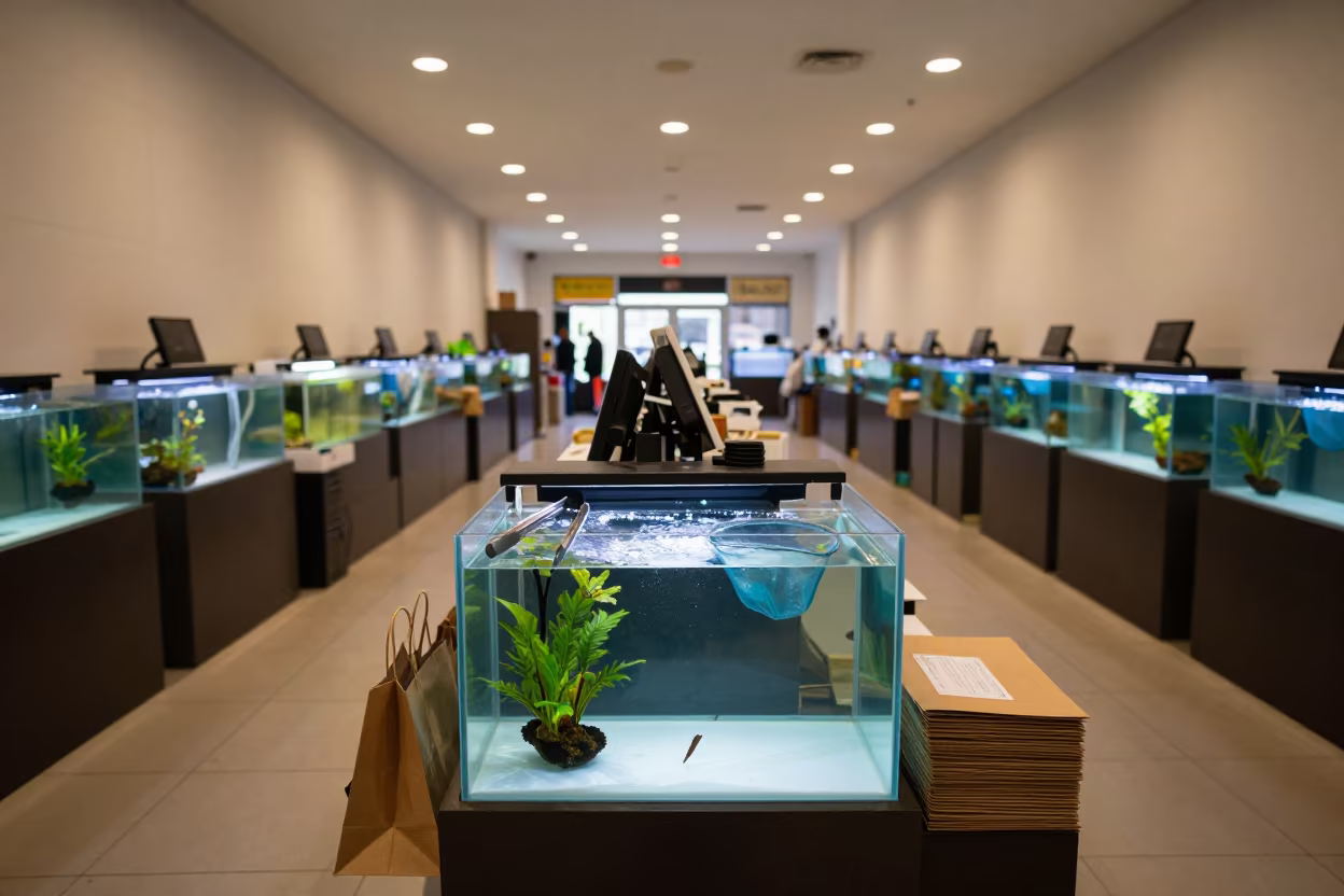 Aquascape Tools on Beijing Retail Counter in at a cash wrap counter with bags stacked nearby in Beijing