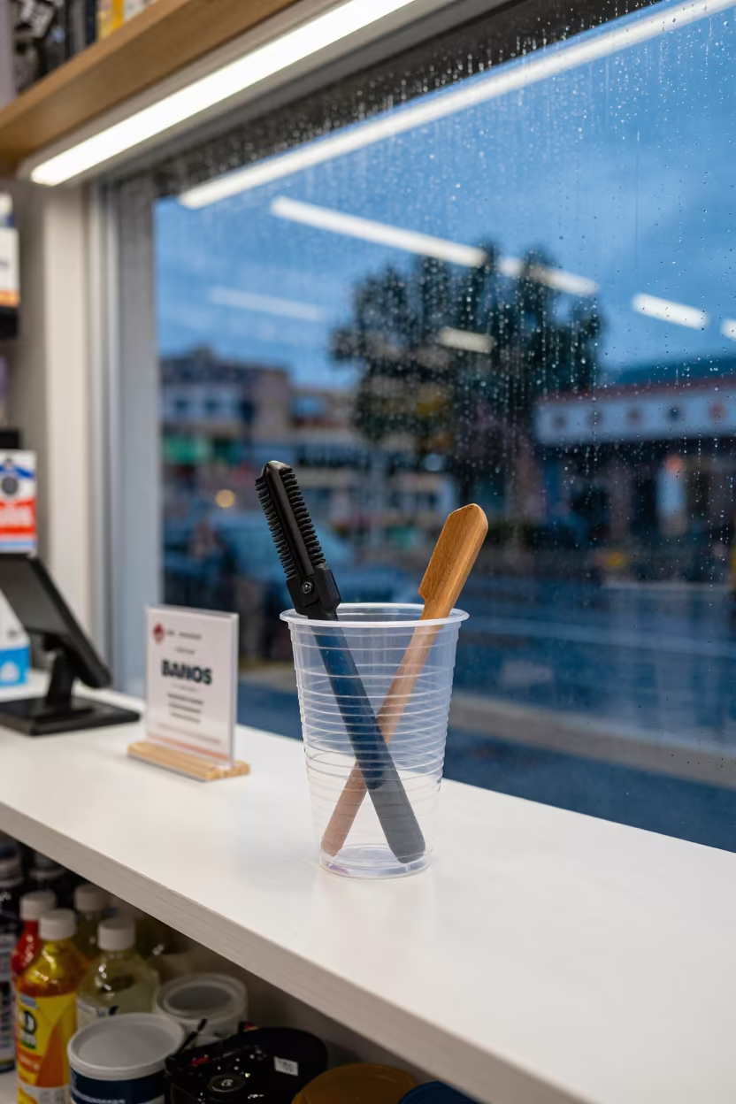 Aquascape Tools Cup in Banos Checkout Lane in at a checkout lane under flat store light near Banos