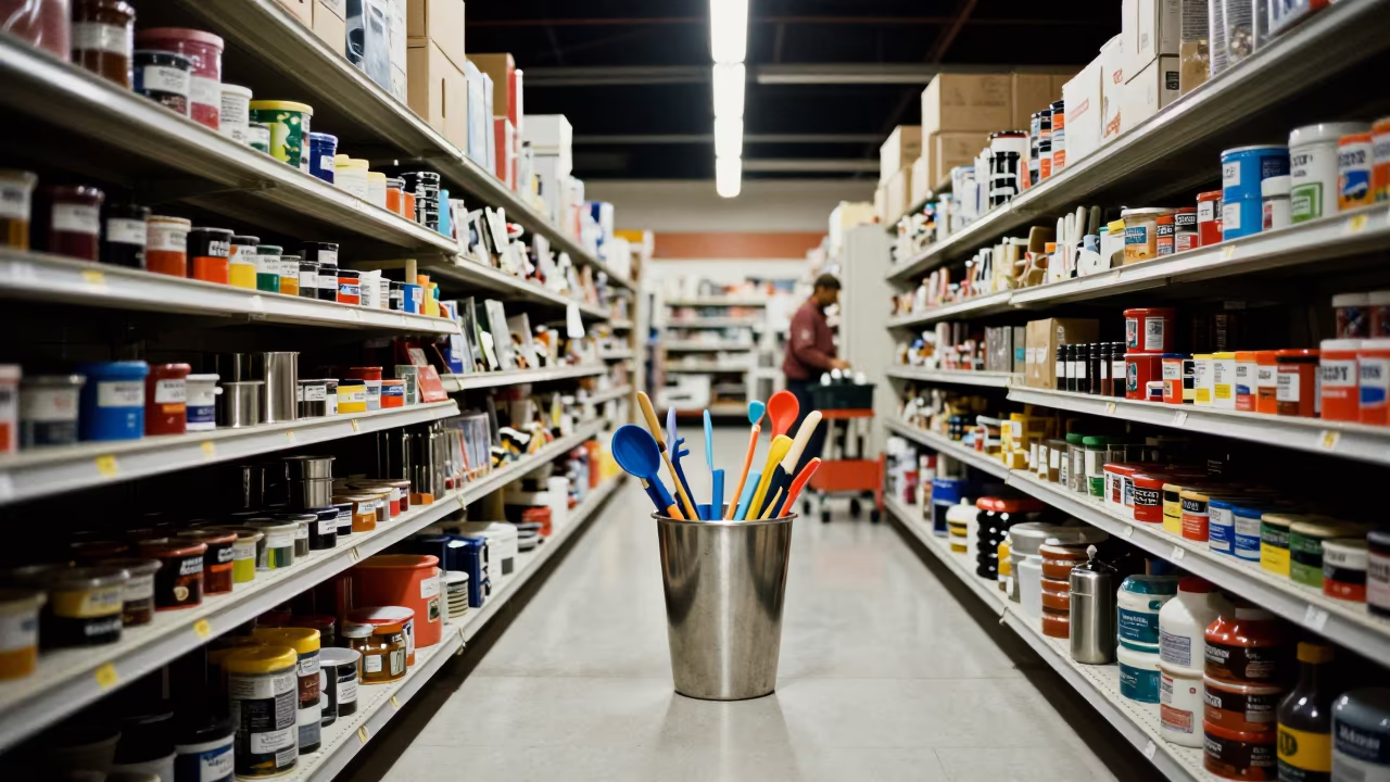 Aquascape Tools Cup in Late Night Detroit Retail in inside a bright retail aisle near Hamtramck, Detroit