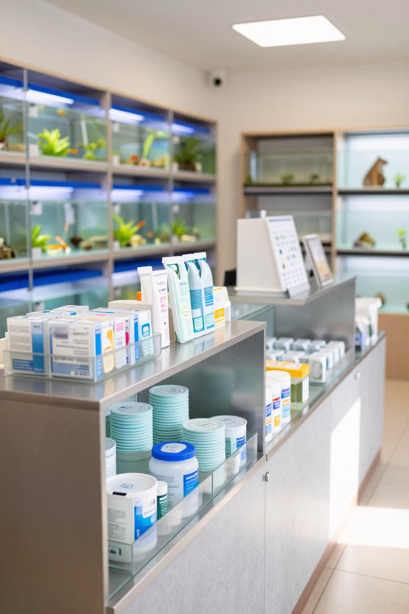 Aquatic Care Caddy Midday Shinsaibashi Osaka in inside a fish bagging counter zone in Shinsaibashi, Osaka