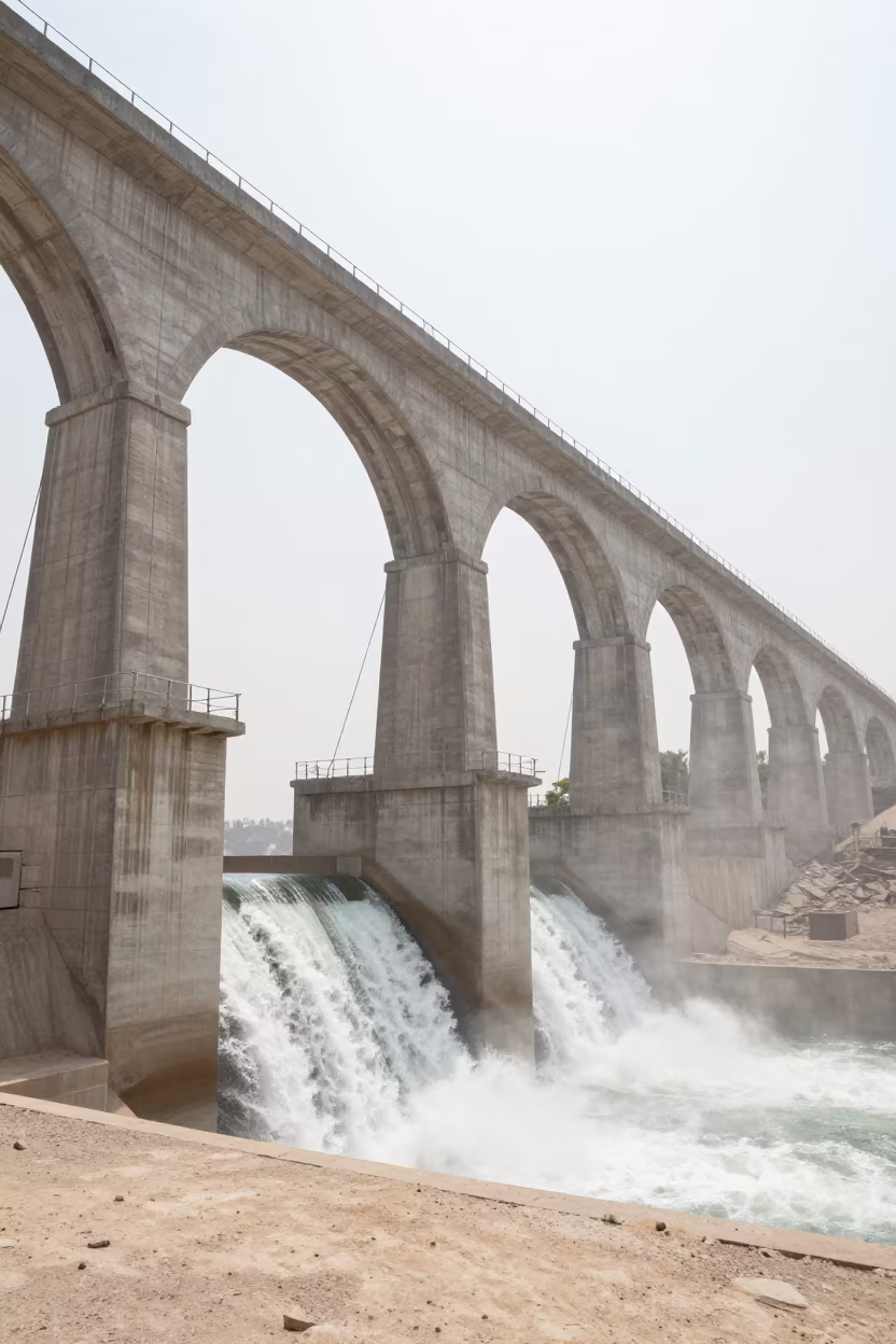 Aqueduct Arcade in Dry Summer Haze in along a dam spillway in Durg