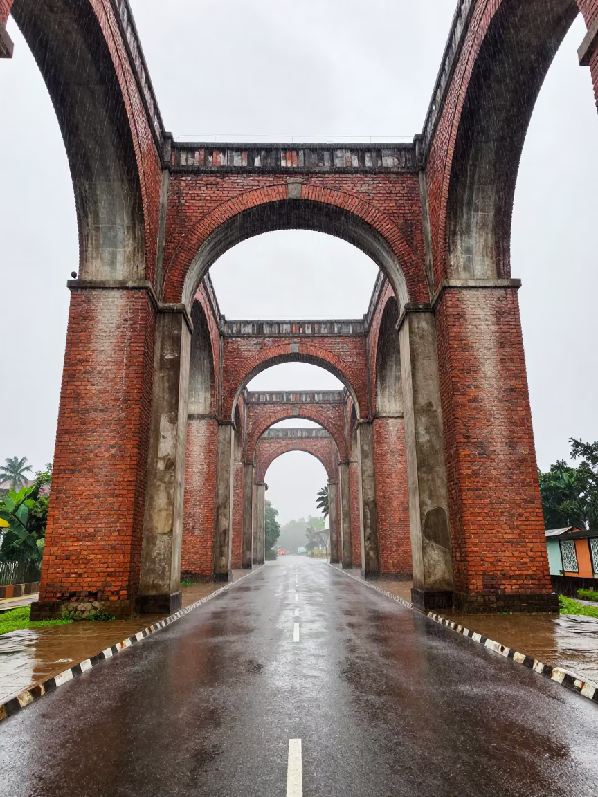 Aqueduct Arcade Through Guinea Monsoon Haze in across a windy overpass interchange in Guinea