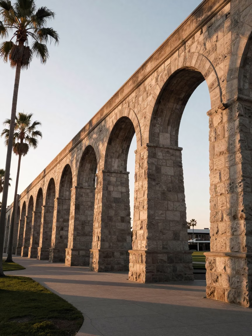 Aqueduct Arcade just after sunrise in San Diego in in San Diego, California, United States