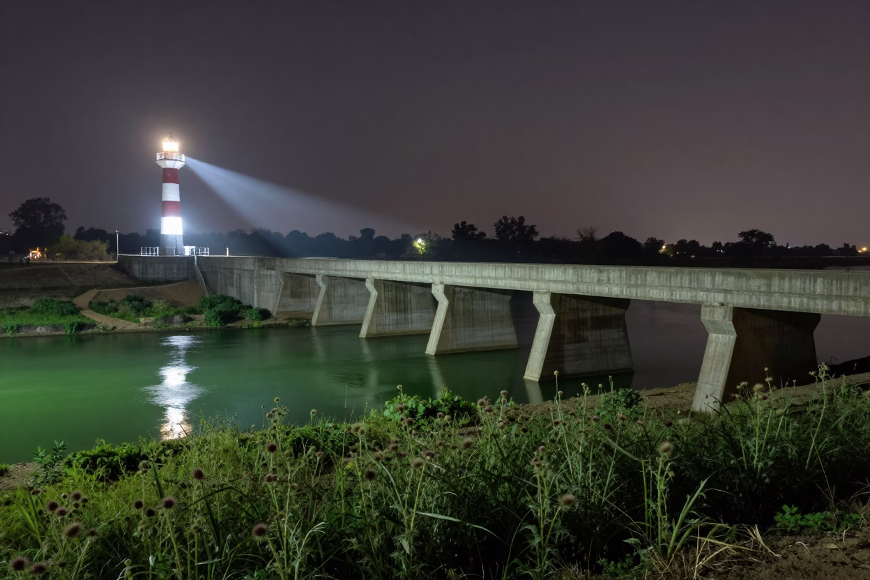 Aqueduct Green Water Over Thistles Night Light in along a dam spillway near Bahawalpur