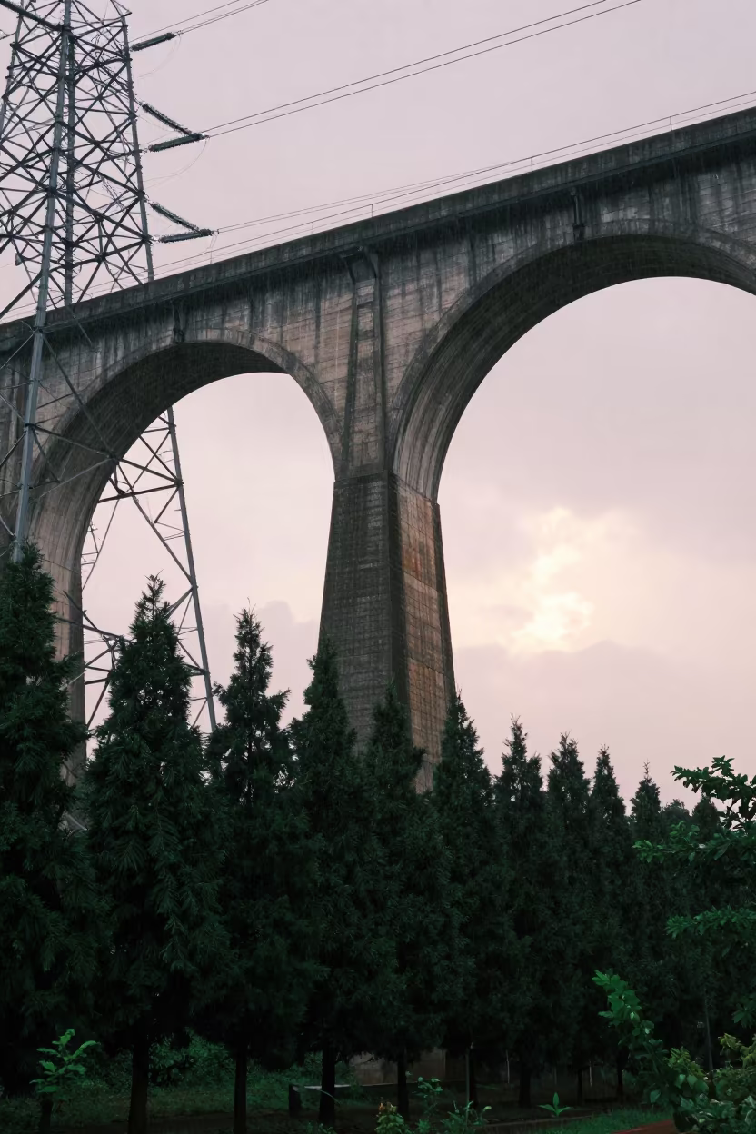 Aqueduct Siphon Tower Over Cypress Trees in beneath transmission towers near Kuala Lumpur