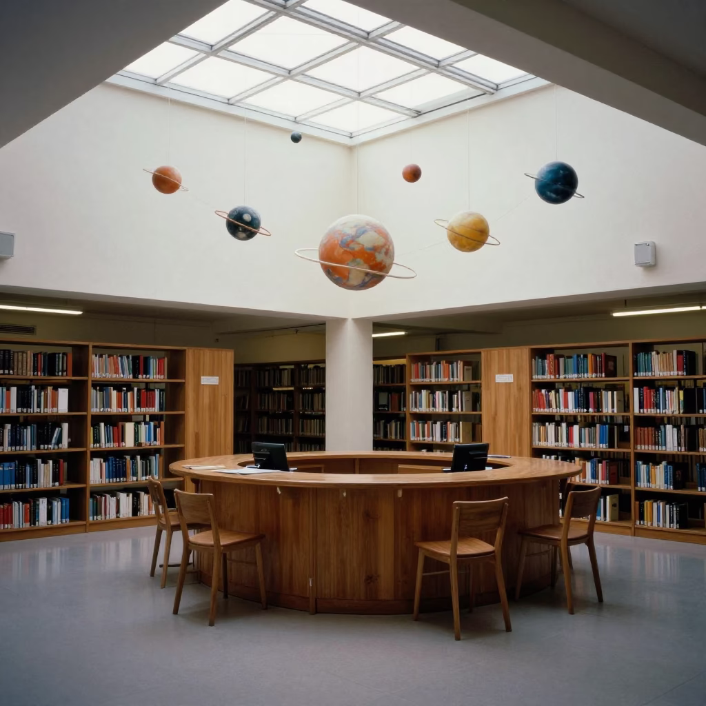 Ar Ramtha School Library Checkout Desk with Planet Chain in inside a campus library reading room in Ar Ramtha