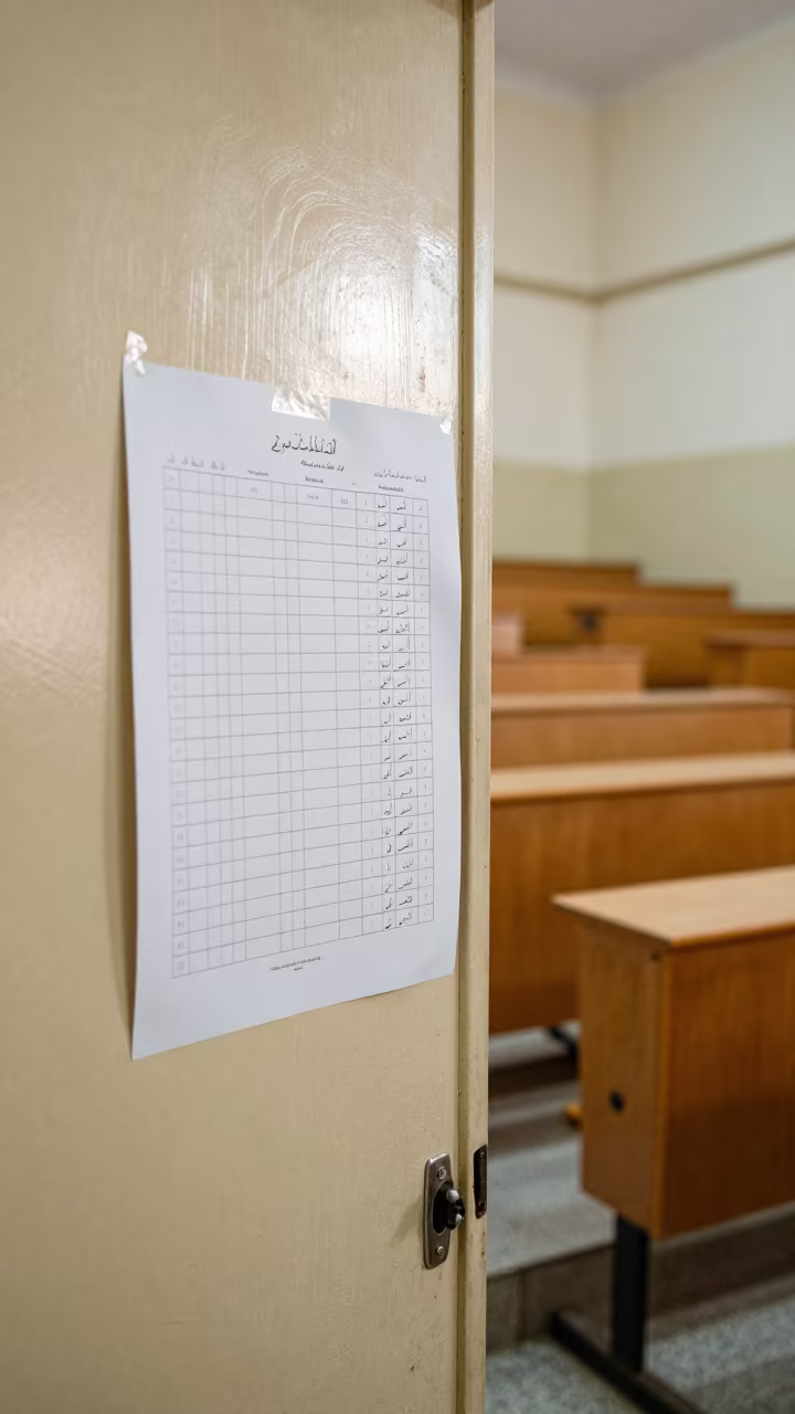 Arabic Attendance Sheet Taped School Door Cairo in in a lecture hall before the crowd arrives near City of the Dead, Cairo