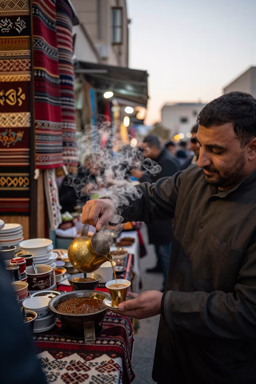 Arabic Coffee Pour in Baku Souq Waqif in at a textile trader's stall in Baku