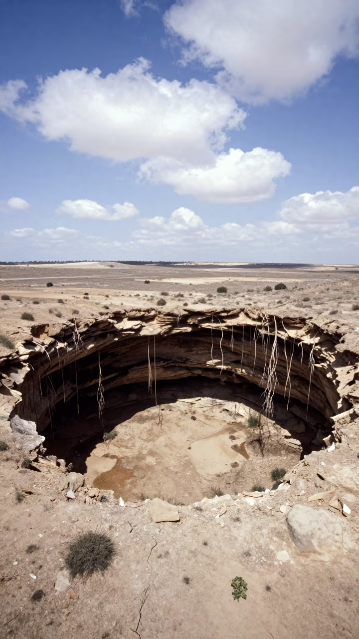 Aragon Cenote Sinkhole with Hanging Roots in above dune fields and dry wadis in Aragon