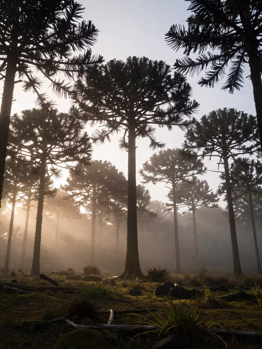 Araucaria Silhouette in Chilean Forest Mist in near Bouake