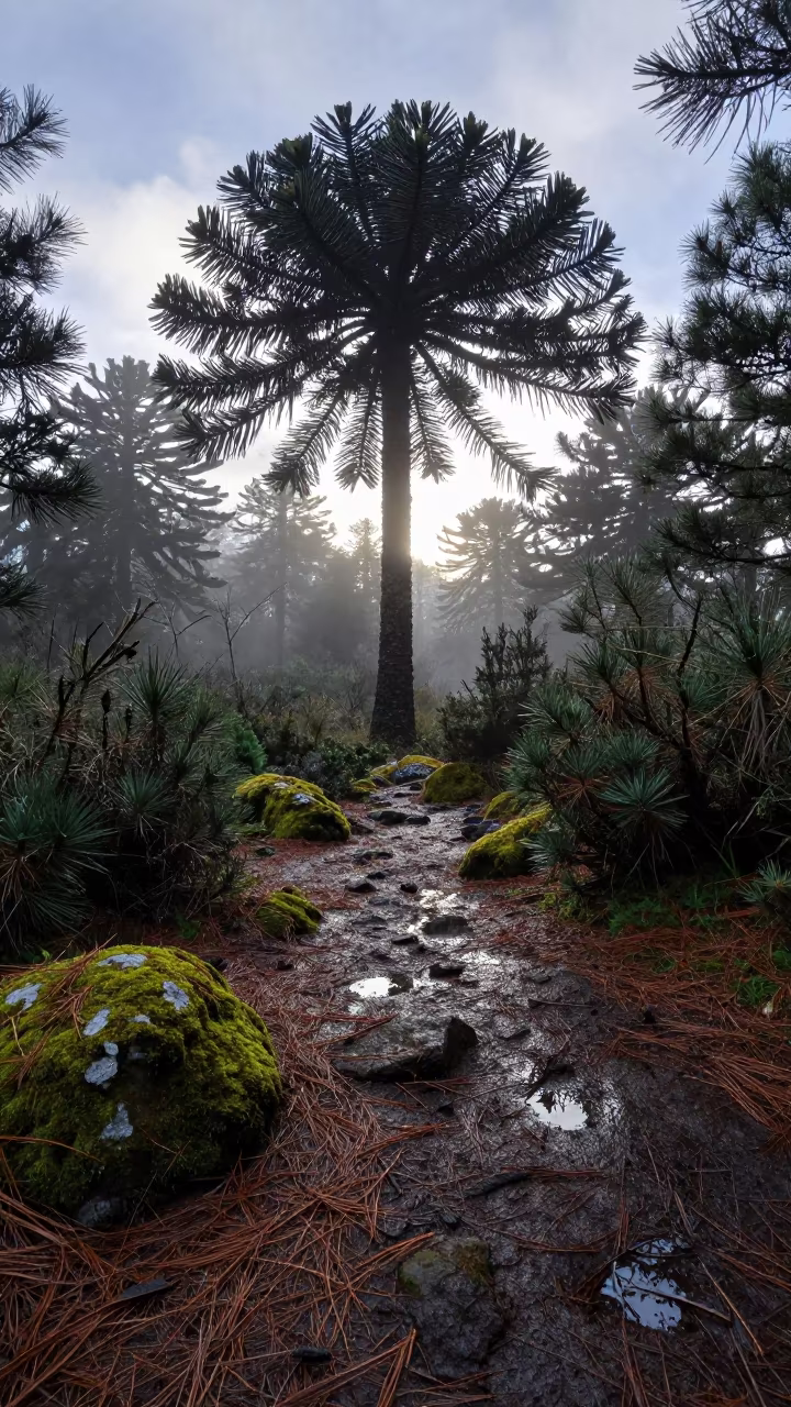 Araucaria Tree Dawn Light in Chilean Forest in in a bloom-heavy meadow near Almaty