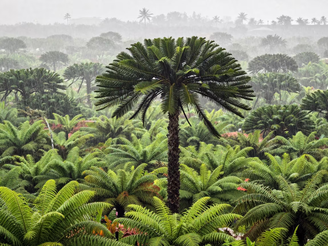 Araucaria Tree Amidst Ferns in Kuwait Monsoon in on a fern-lined forest floor in Kuwait