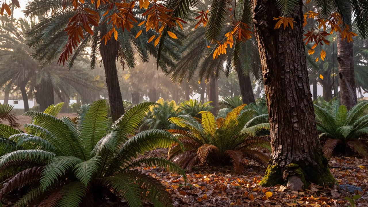 Araucaria Tree Rain Light Autumn Forest in on a fern-lined forest floor near Riyadh