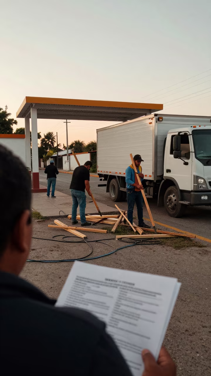 Arbor Crew Sharpening Stakes at Dawn in Tonalá in outside a polling station entrance in Tonalá