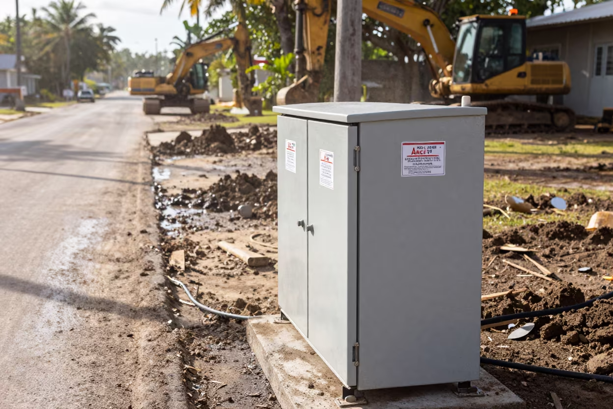 Arc Flash Label Printer on Muddy Naples Road in at a muddy site access road in Naples