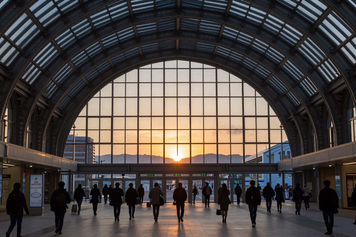 Arched Roof in Sapporo at As The Sun Drops Toward The Horizon in in Sapporo, Japan