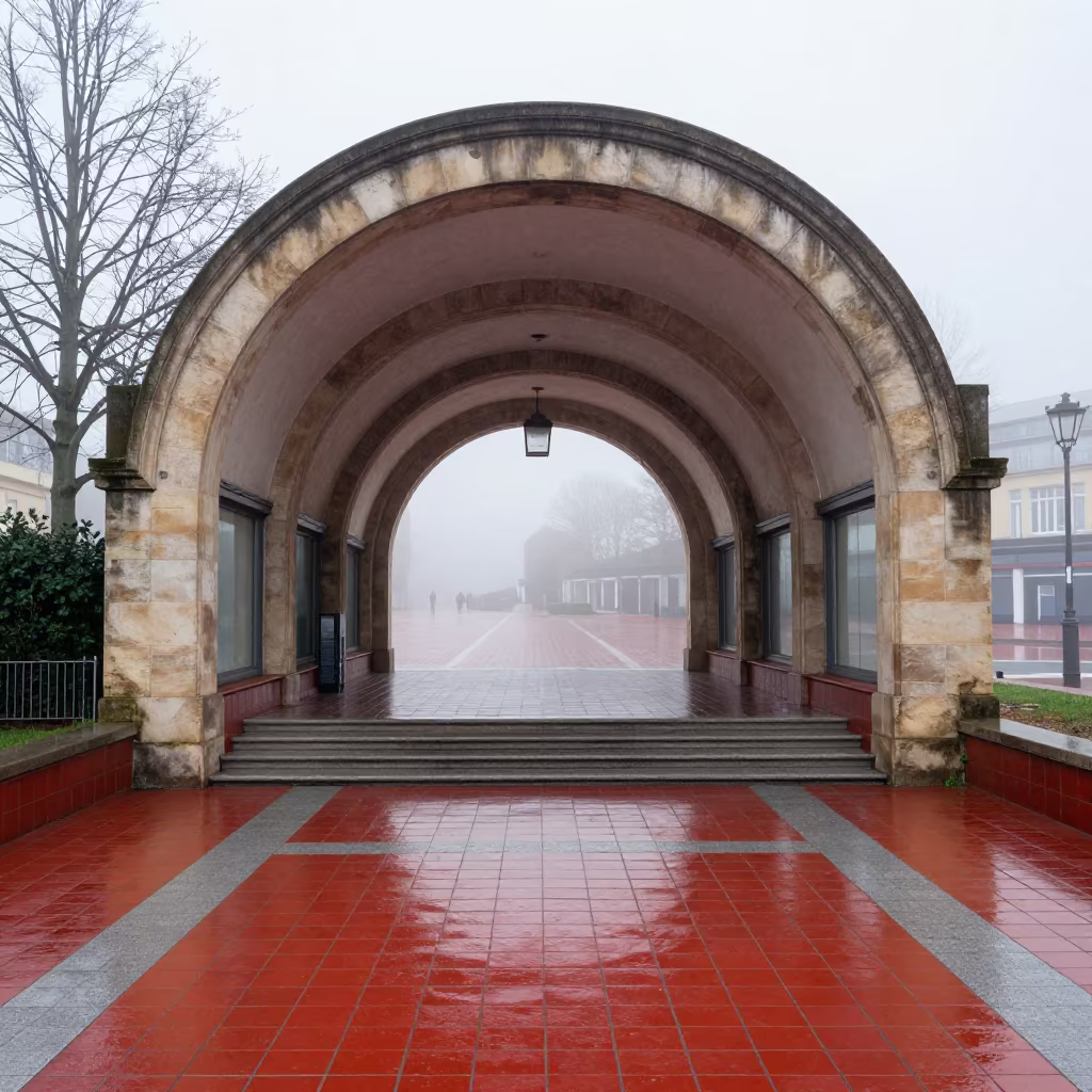Arched Station Entry Morning Haze Bordeaux Plaza in inside a tiled stair hall near Bordeaux
