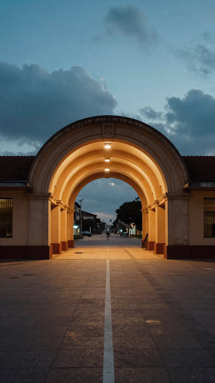 Arched Station Entry Twilight Luanda Plaza in inside a vaulted atrium in Luanda