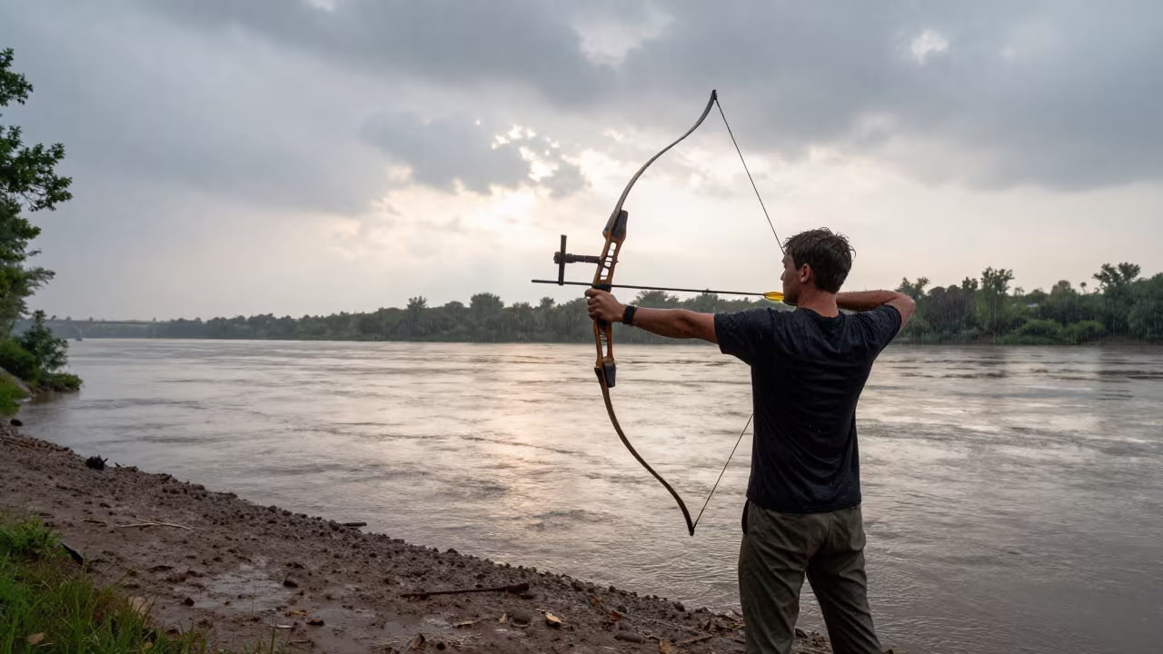 Archer Drawing Bow at Sunrise on Rainy Riverbank in by a riverbank near Cincinnati