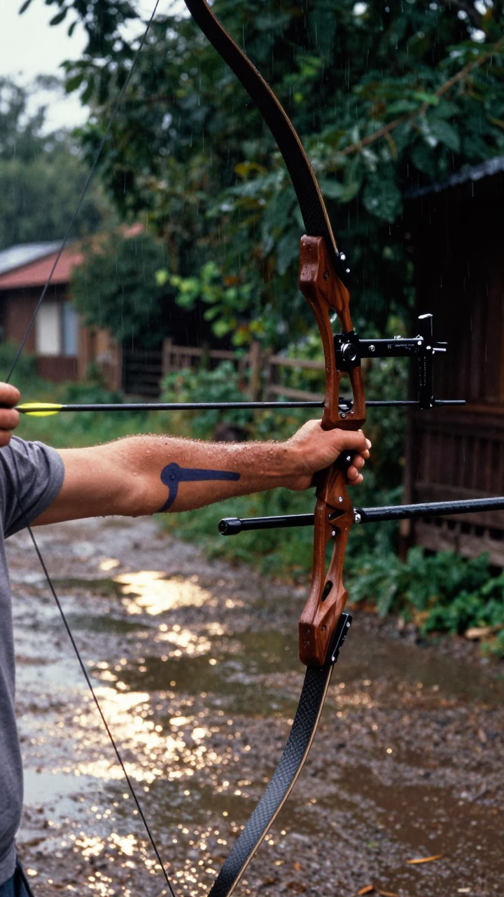 Archers Release Bow in Bursa Morning Drizzle in in a village lane near Bursa