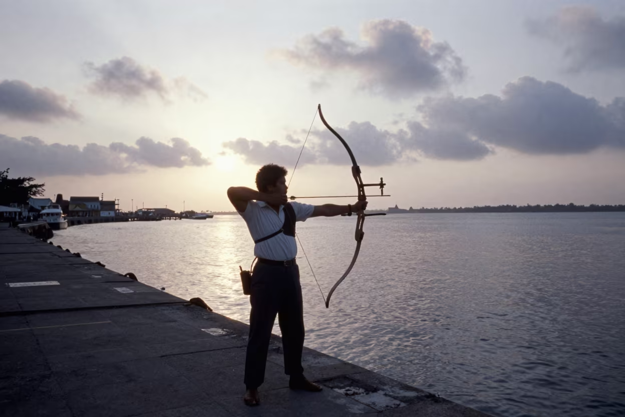 Archer Releasing Bow at Chiclayo Harbor Dawn in at a harbor quay near Chiclayo