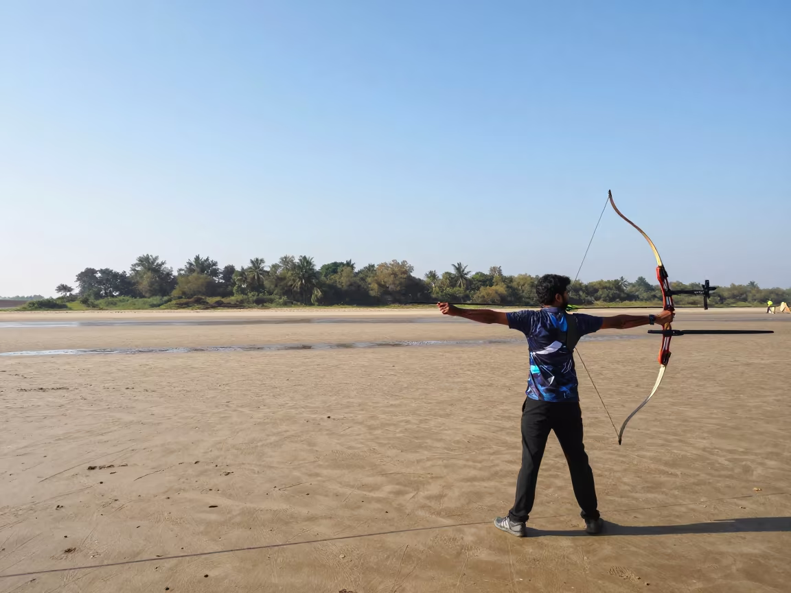 Archer Releasing Recurve Bow on Bangalore Beach Range in along a beach near Bangalore