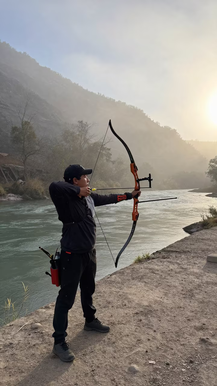 Archer on Riverbank Snow Sun Split in by a riverbank near San Luis Potosí