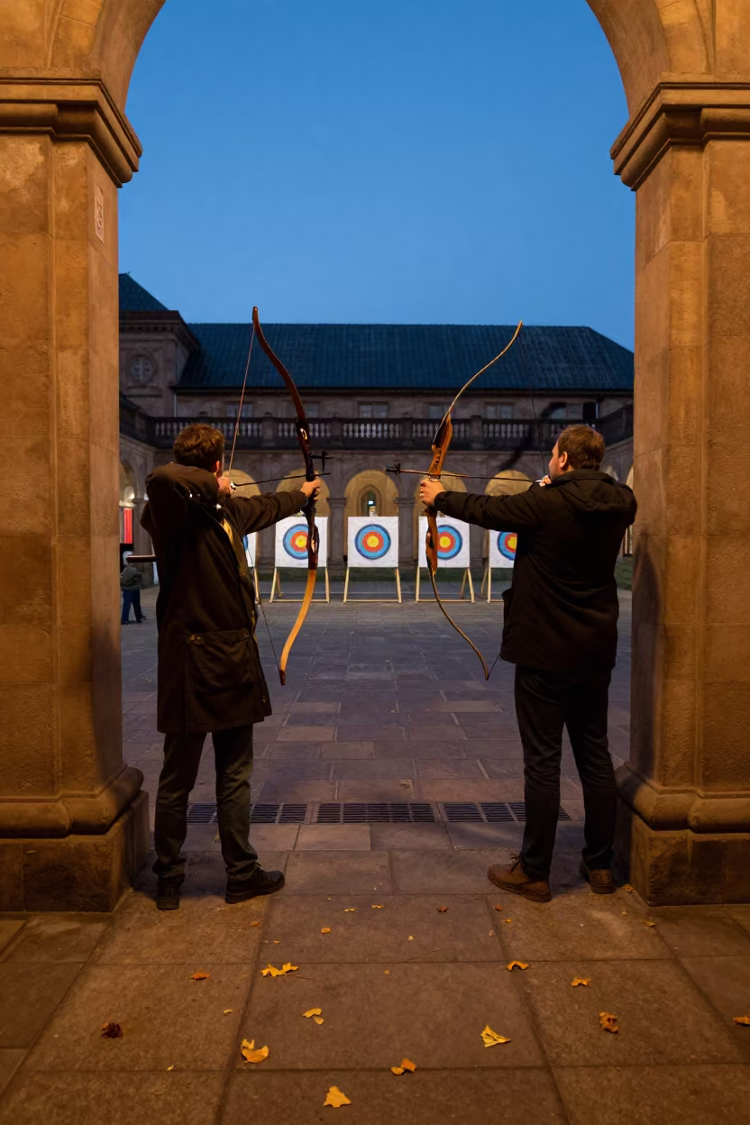 Archery Contest in Sheffield Prayer Hall at Dusk in in a prayer hall near Sheffield
