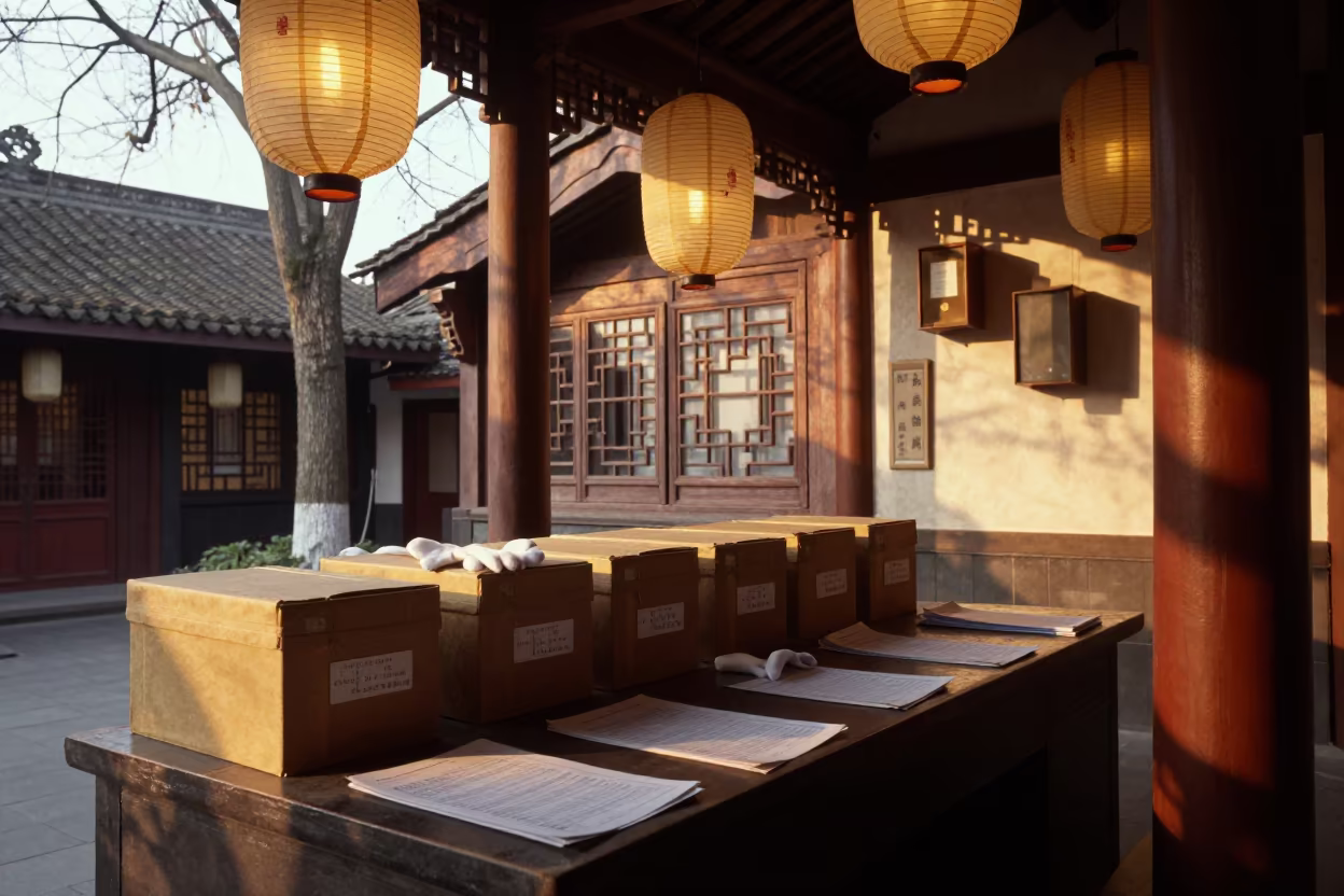 Archival Boxes in Chengdu Shrine Lantern Light in in a shrine lined with lanterns in Kuanzhai Alley, Chengdu