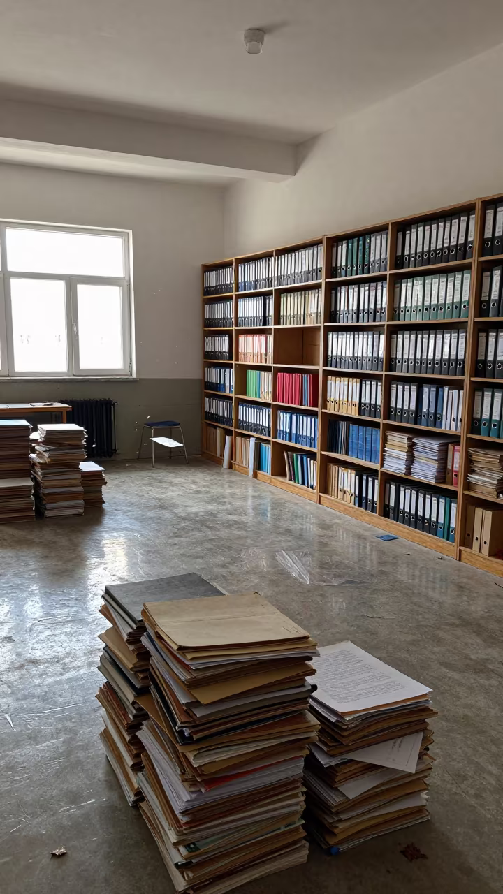 Archive Binders Stirring in Winter Hall Light in in a community center hall near Ahvaz