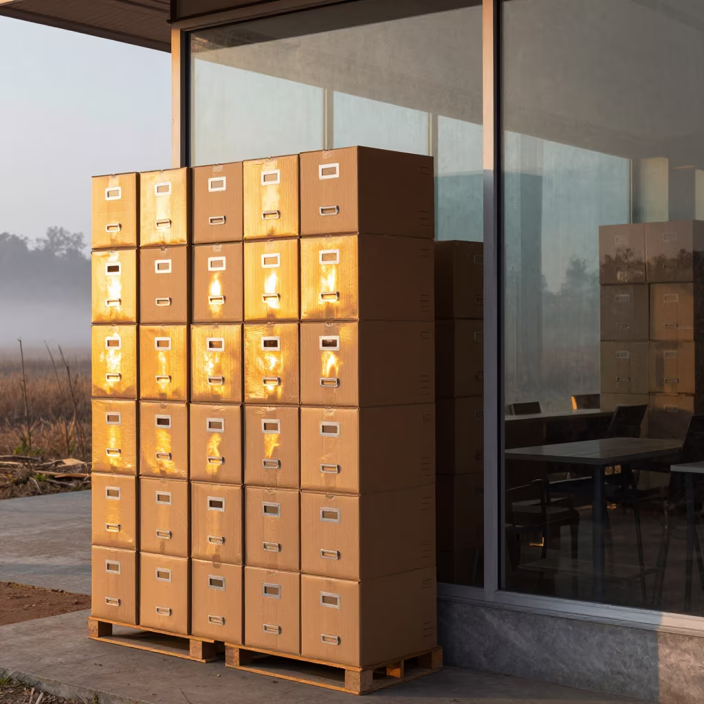 Archive Box Staging Area in Laos Fog in through low marine fog in Laos