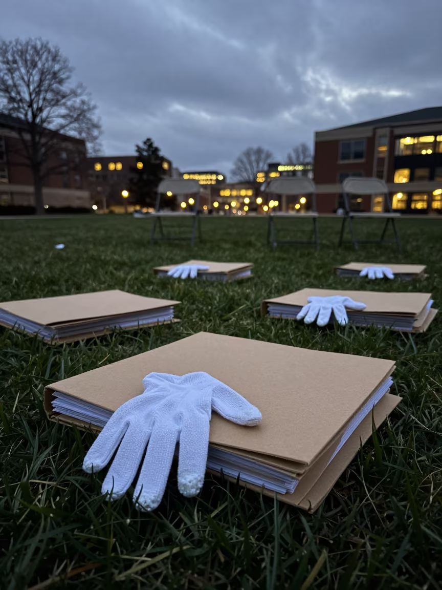 Archive Gloves Files on Graduation Lawn at Dusk in on a graduation lawn under folding chairs near Alexandria