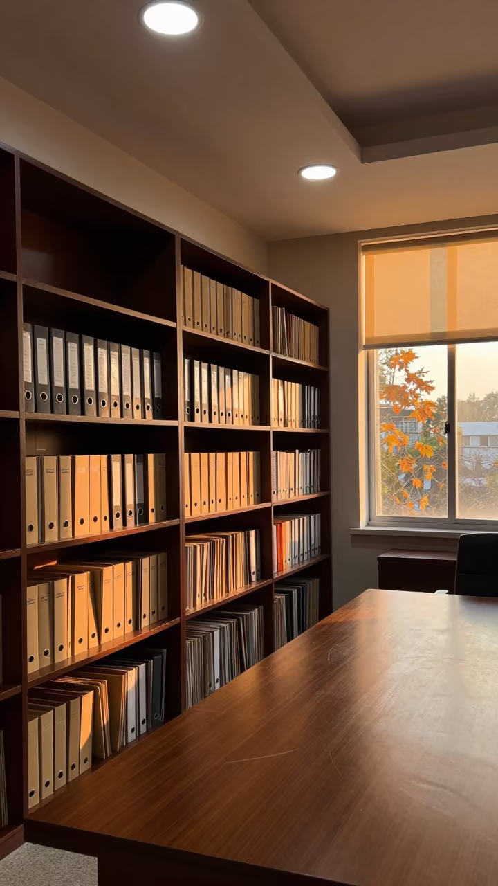 Archive Shelf in Imphal Boardroom Golden Hour in at a boardroom table before a meeting in Imphal
