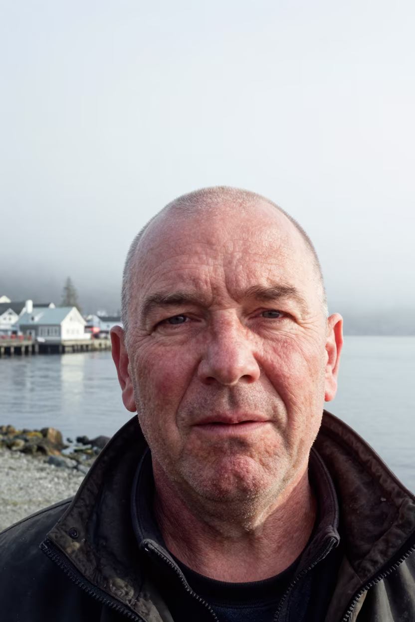 Arctic Fisherman Face Against Misty Vancouver Sea in at the edge of a village square near Granville Island, Vancouver