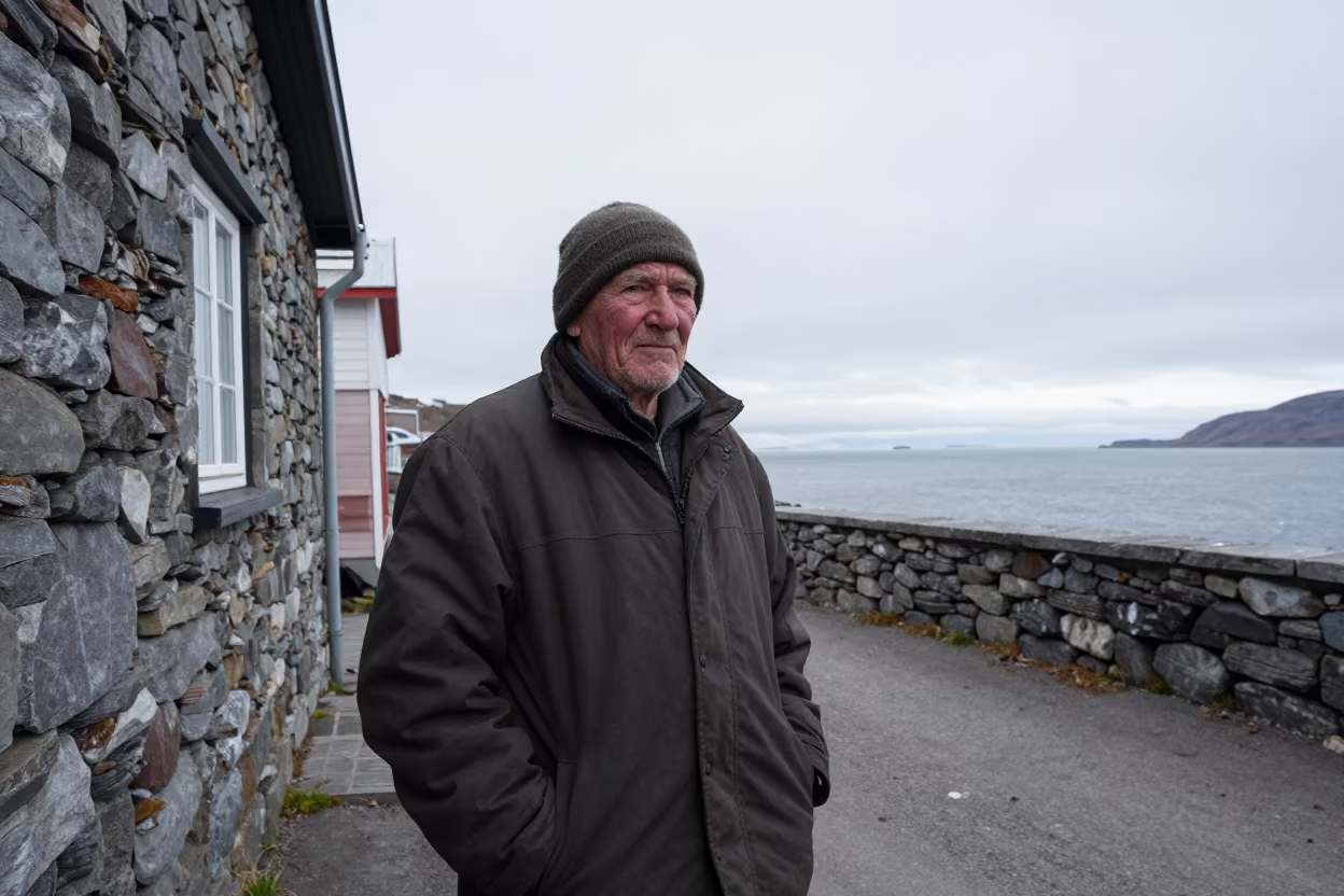 Arctic Fisherman Face Murmansk Alley in in a narrow stone alley near Murmansk