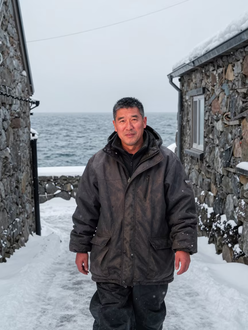 Arctic Fisherman Face in Sapporo Stone Alley in in a narrow stone alley near Sapporo