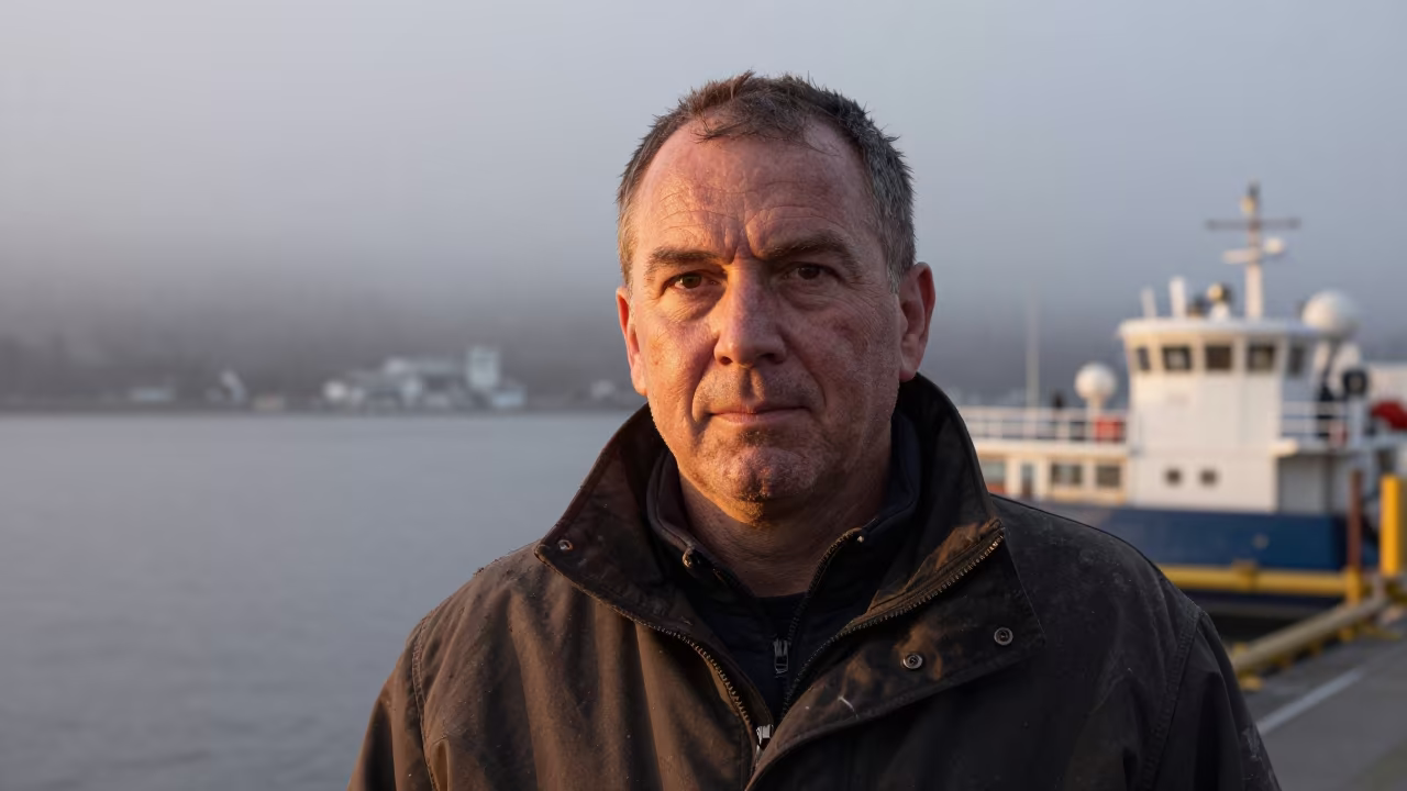 Arctic Fisherman Face in Vancouver Mist in beside a harbor wall near Commercial Drive, Vancouver