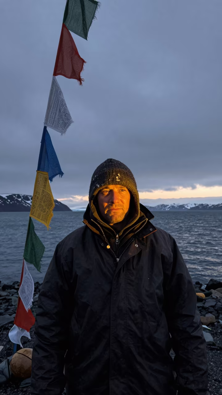 Arctic Fisherman in Indigo Twilight in beneath a line of prayer flags near Anchorage